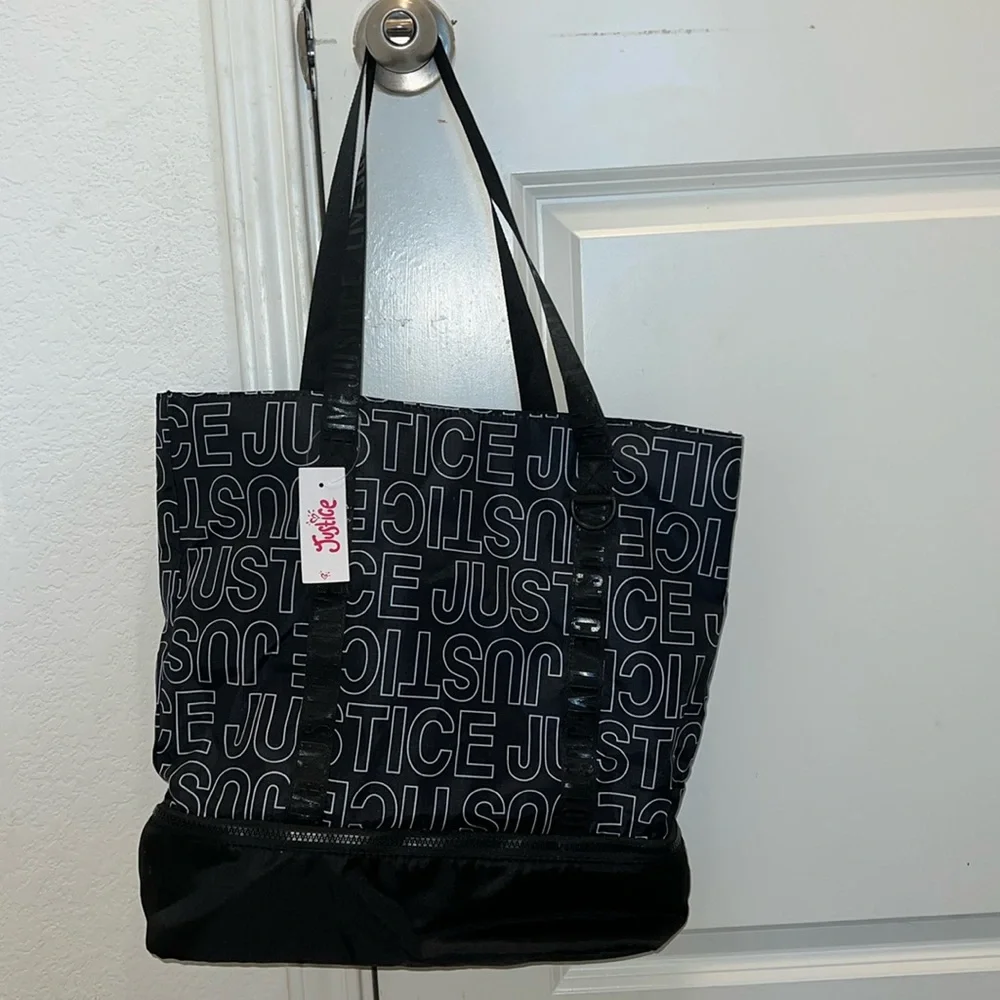 New Girls Justice Logo Drawstring Tote Bag Black White Sports